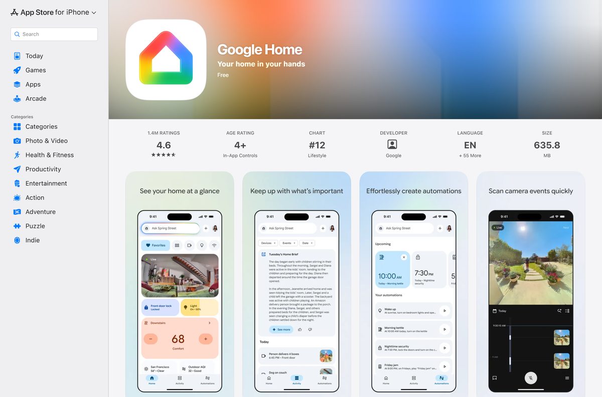 App Store page for Google Home with its seller and size