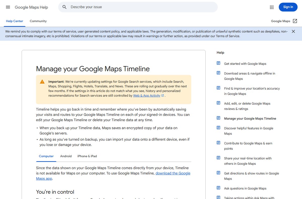 Google Maps Help page confirming Timeline is unavailable on a computer