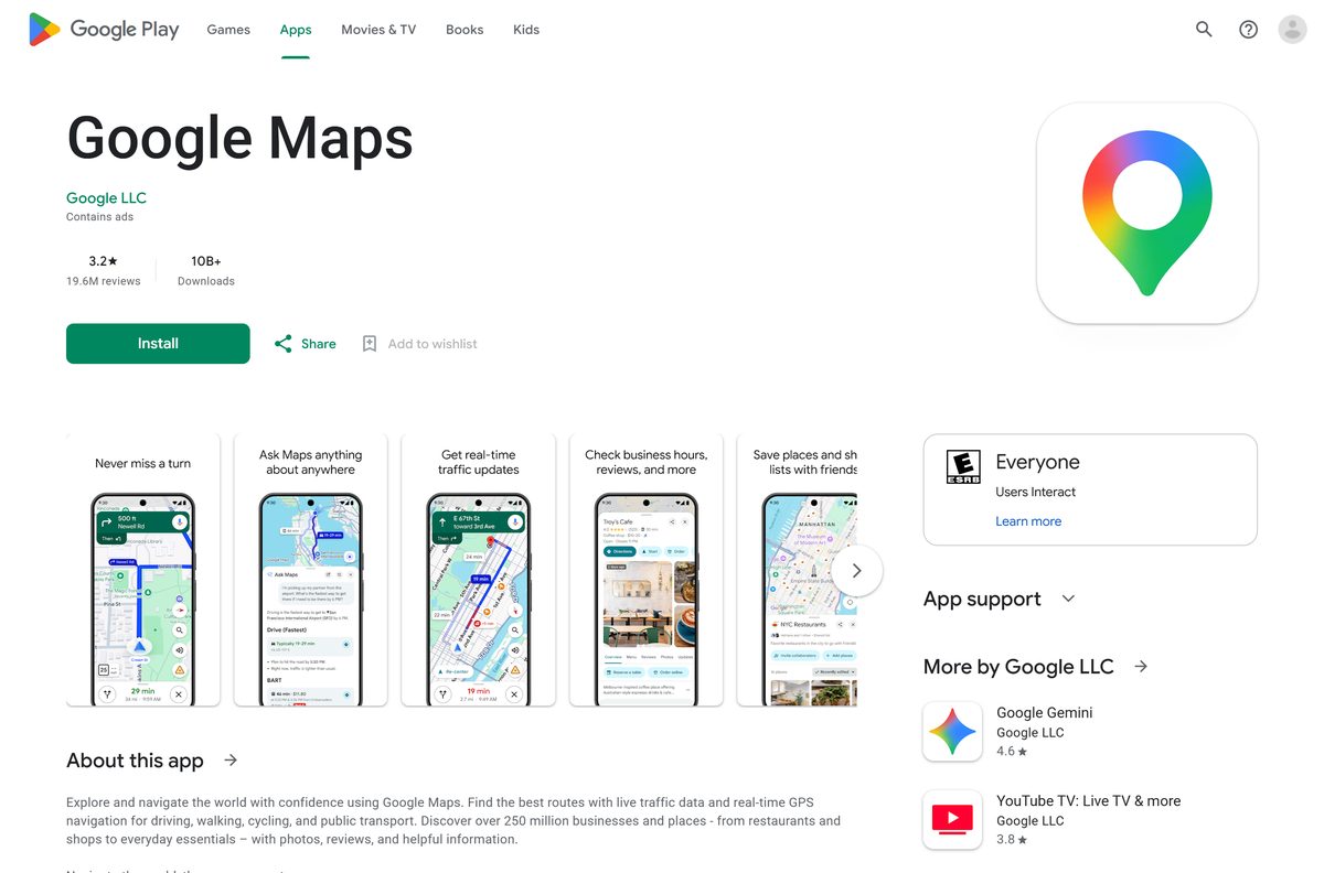 Google Play listing for Maps with its publisher and download count