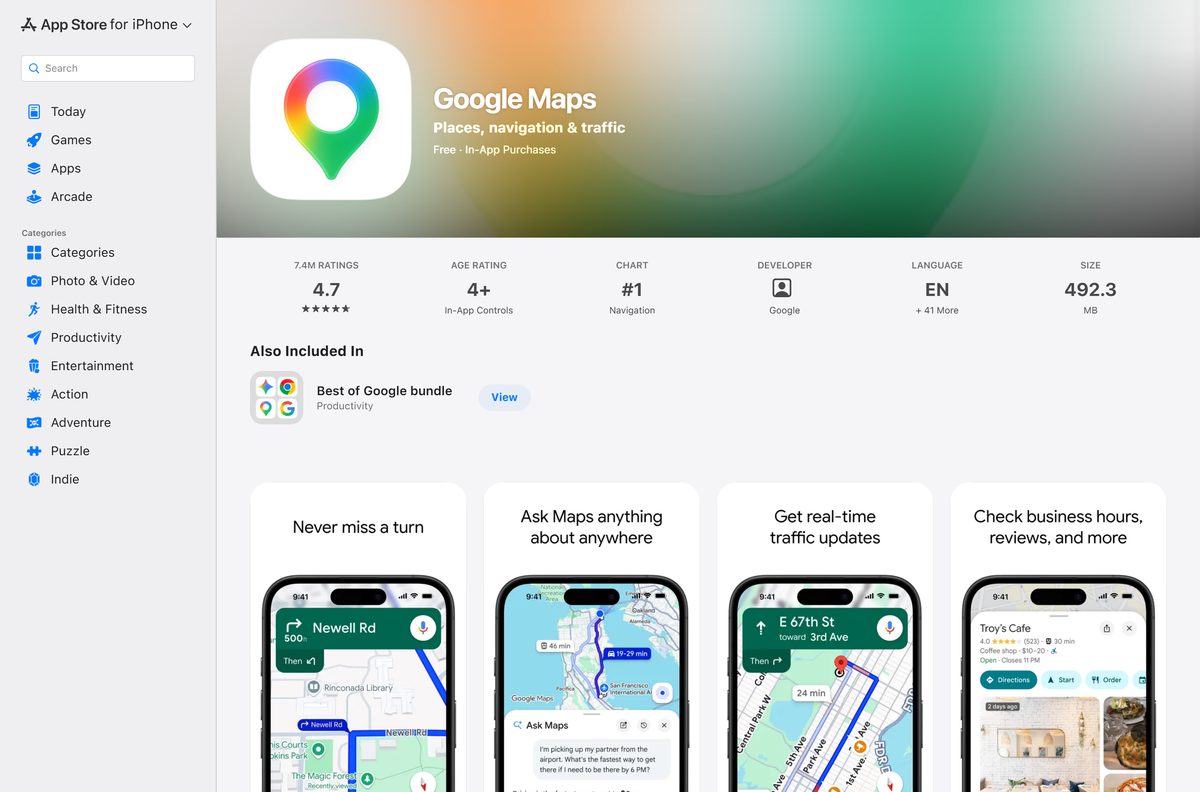 App Store listing for Maps on iPhone and iPad from Google LLC