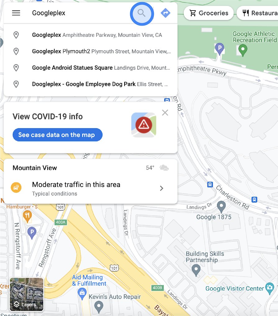 Google Maps search bar with autocomplete suggestions for a location