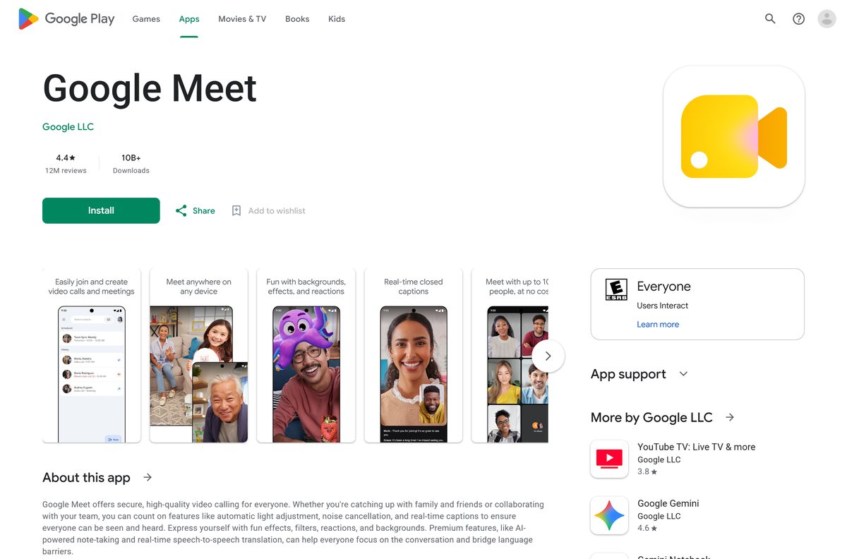 Google Play listing for Meet with its publisher and download count