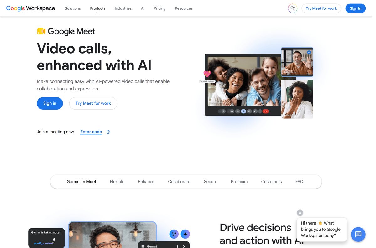 Google's Meet product page with sign-in and trial buttons