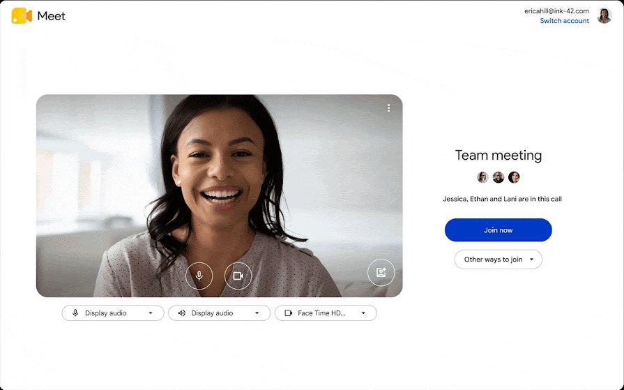 Google Meet preview screen with camera view, meeting title, and Join now button