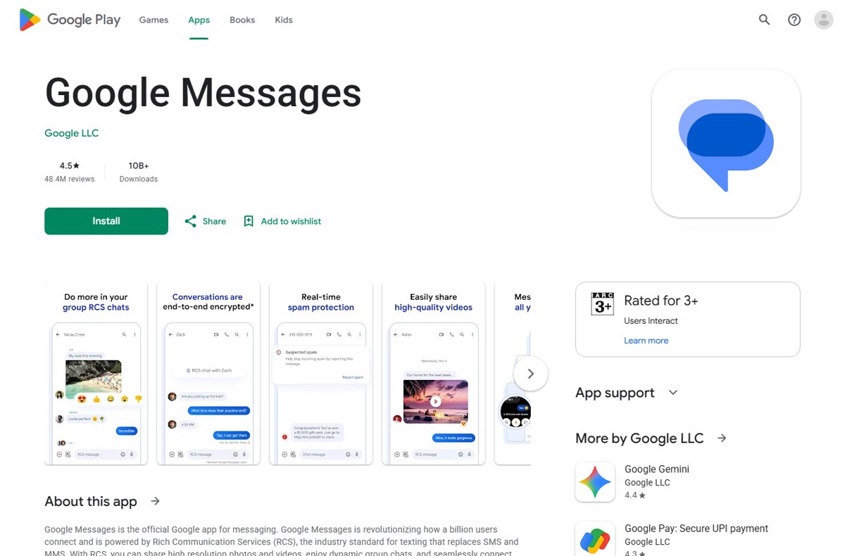 Google Messages app page in the Google Play Store with install button