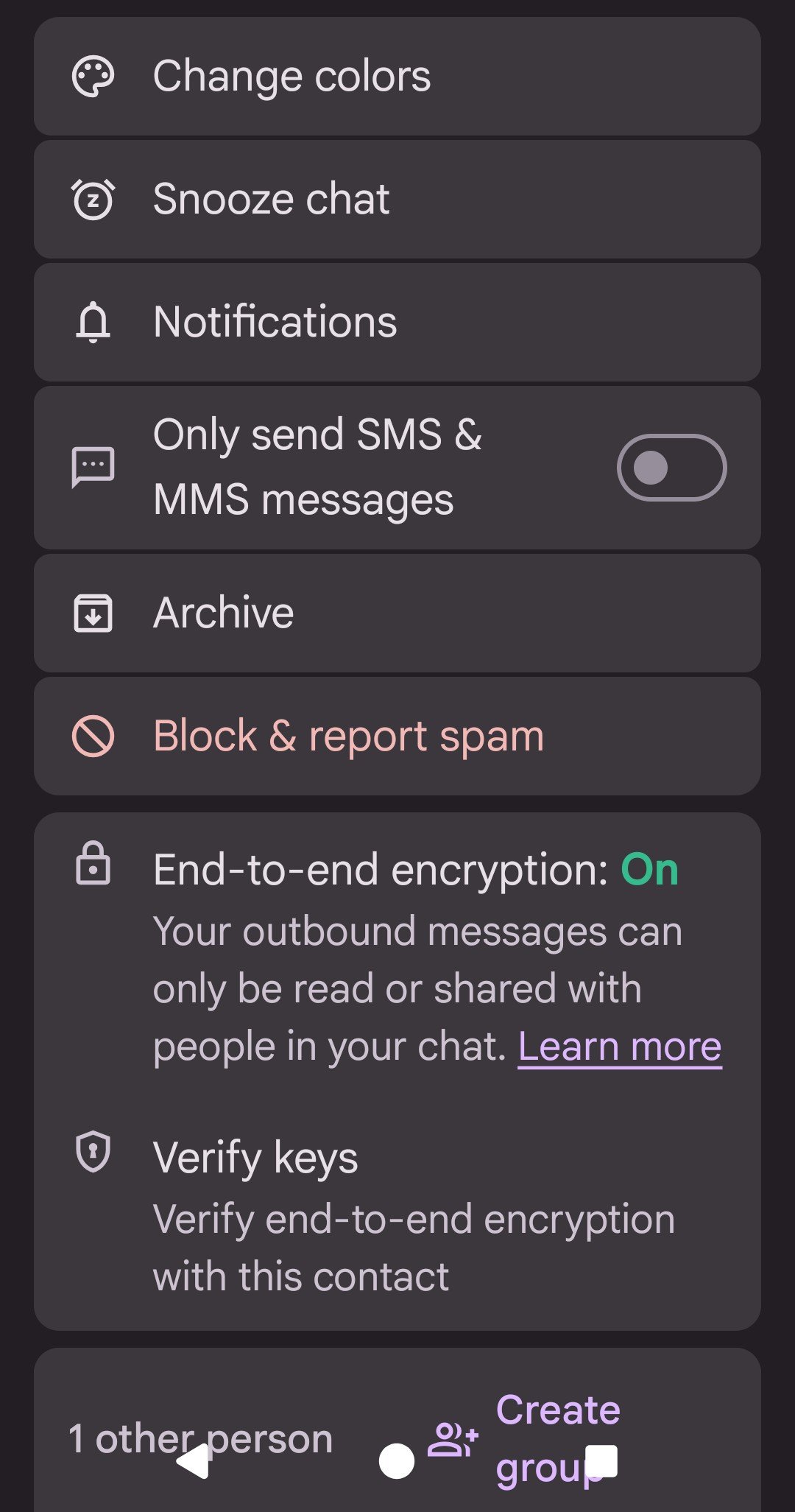 Google Messages conversation menu with Block and report spam highlighted