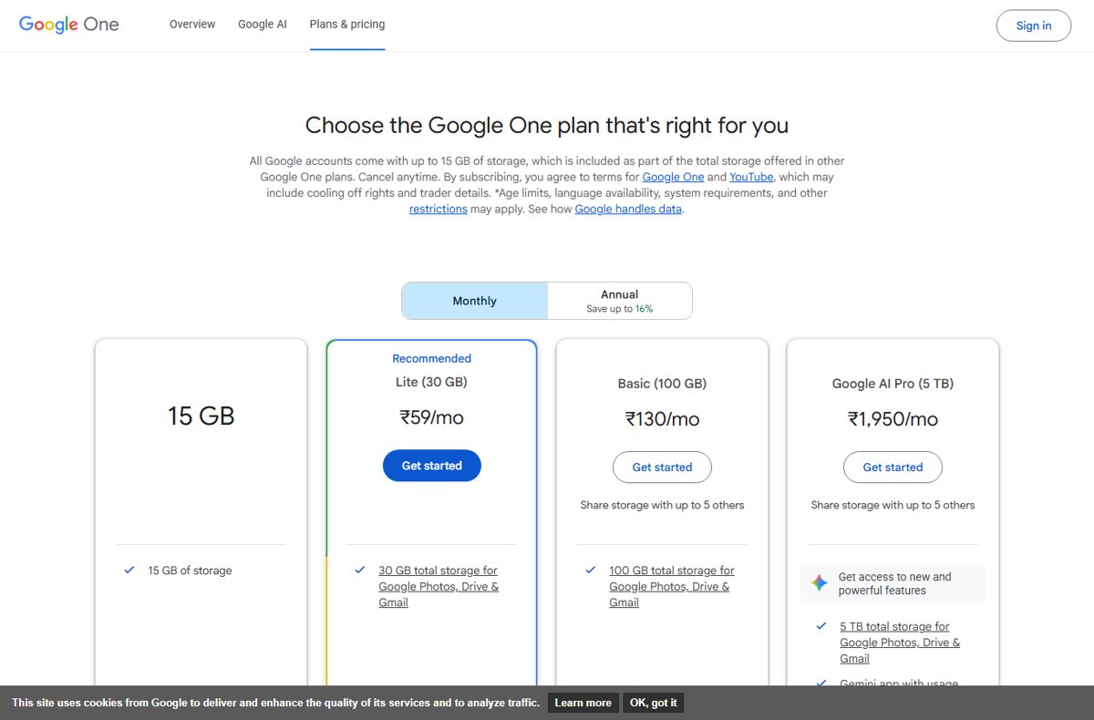 Google One storage plans comparing 15GB, 30GB, and 100GB tiers