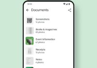 Google Photos Documents tab listing Screenshots, receipts, notes, and books