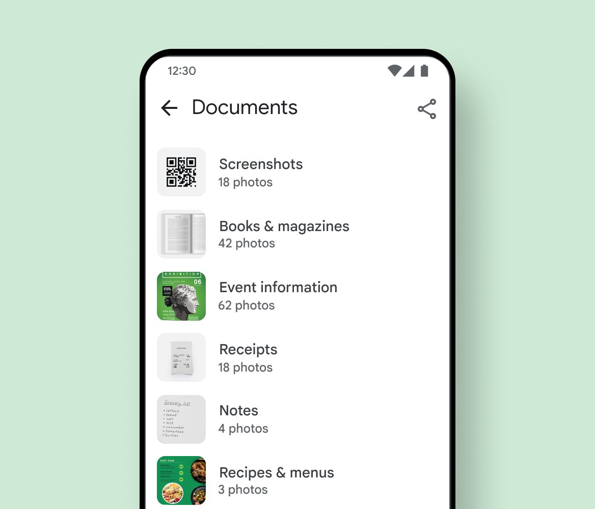 Google Photos Documents tab listing Screenshots, receipts, notes, and books