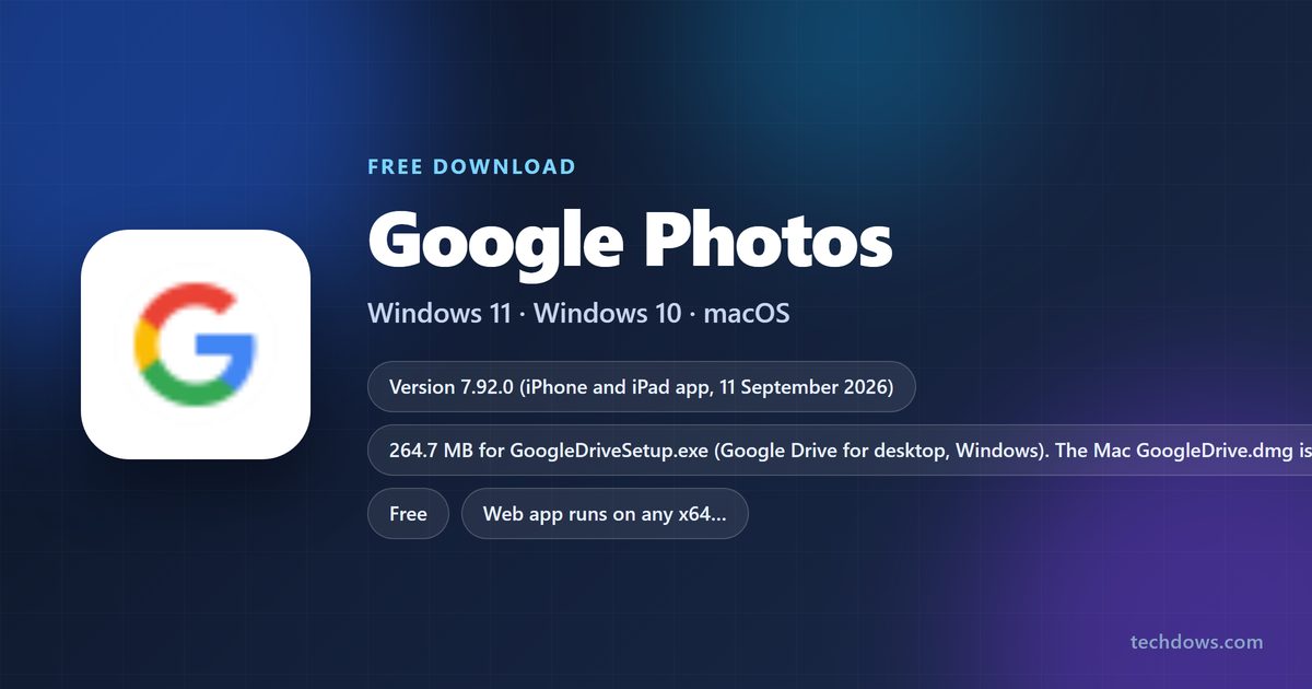 Google Photos logo with version, size and supported systems