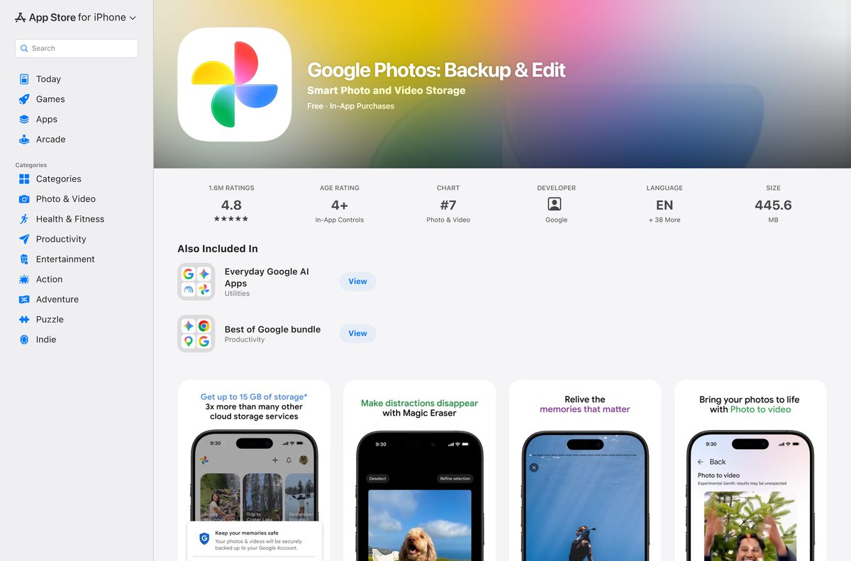 App Store listing for Google Photos showing seller and size