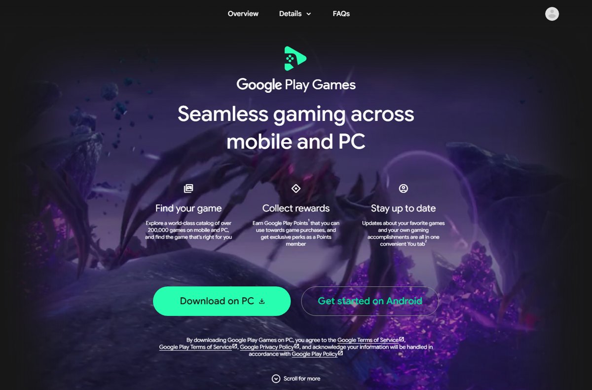 Google Play Games official web page showing the Download on PC button