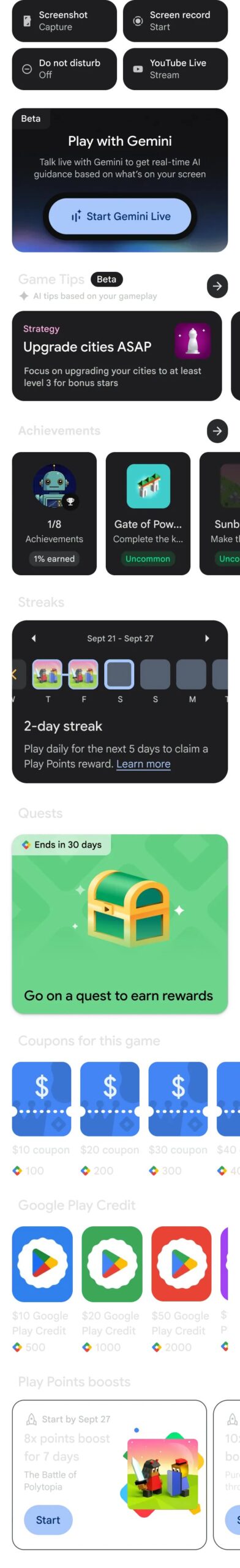 Google Play Games on PC panel showing achievements, streaks, and reward quests