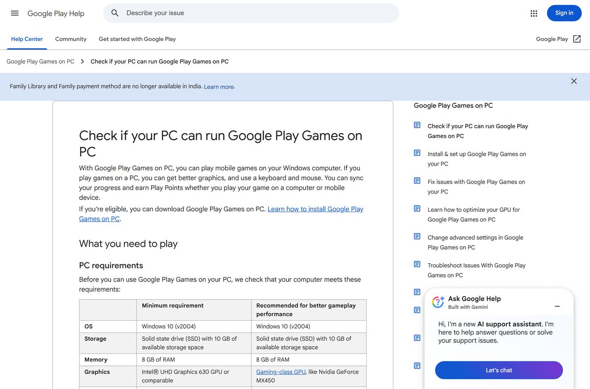 Google Play Games requirements page for running Toca Boca World on PC