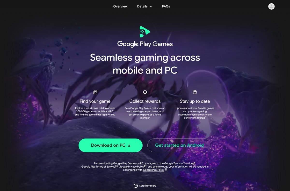 Google Play Games on PC download page and minimum requirements