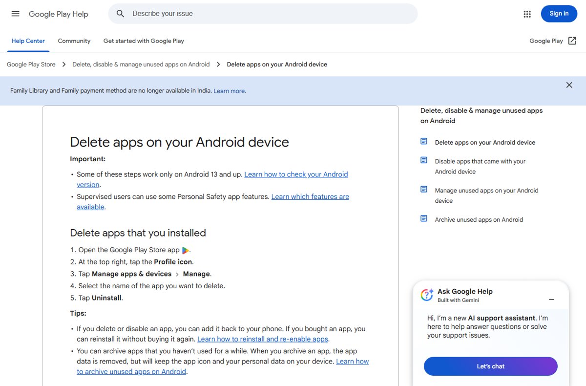 Google Play Help steps to delete apps on Android