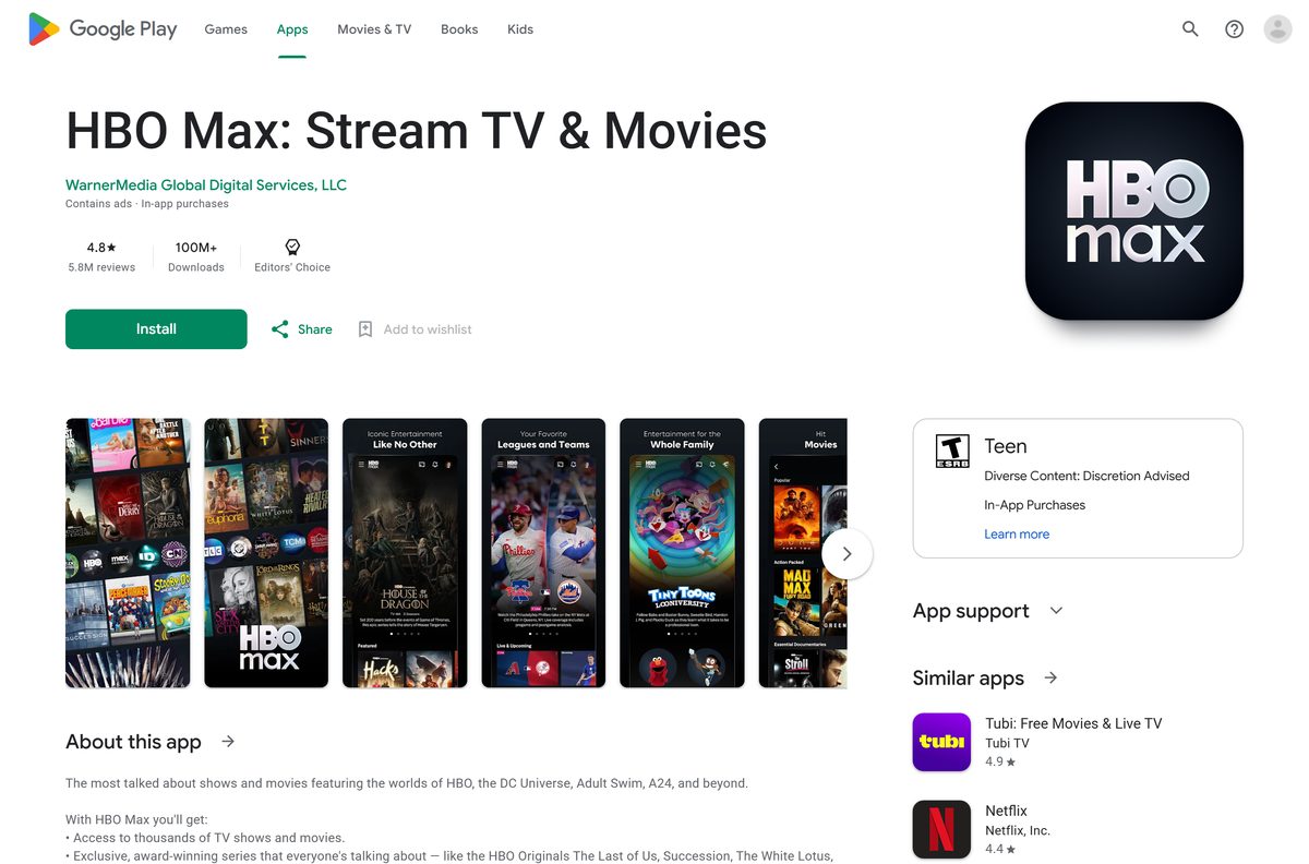 Google Play listing for HBO Max with the publisher and install button
