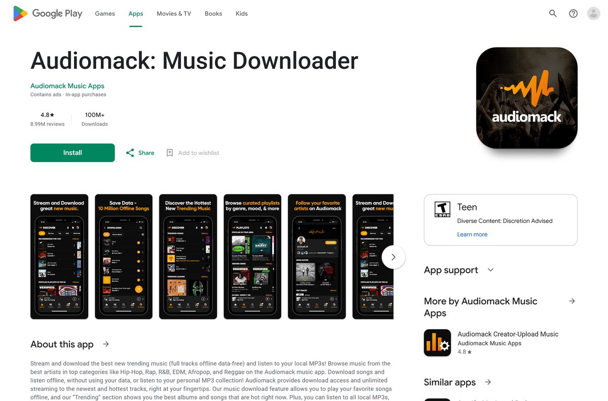 Google Play listing for Audiomack with reviews and download count