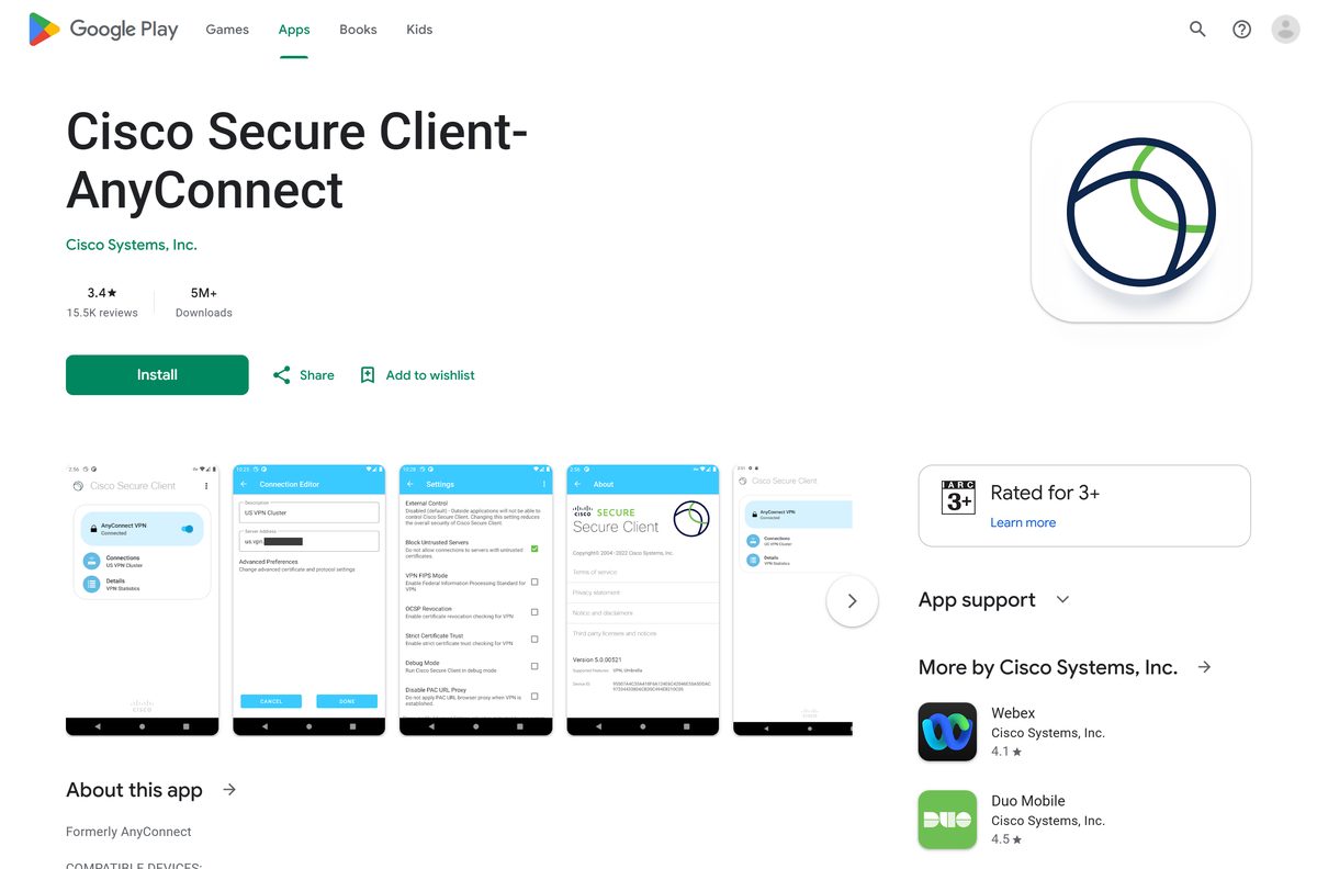 Google Play listing for Cisco Secure Client with its install button