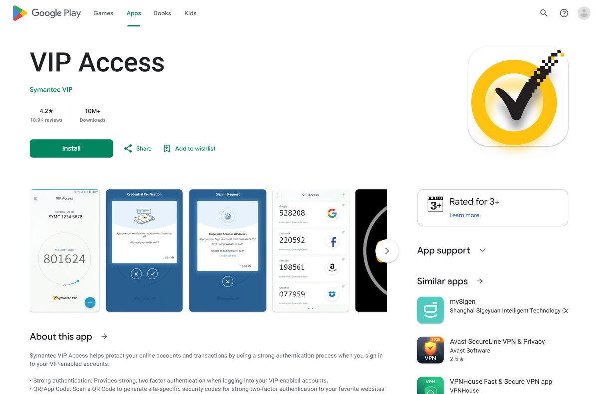 Google Play listing for Symantec VIP Access with its install button