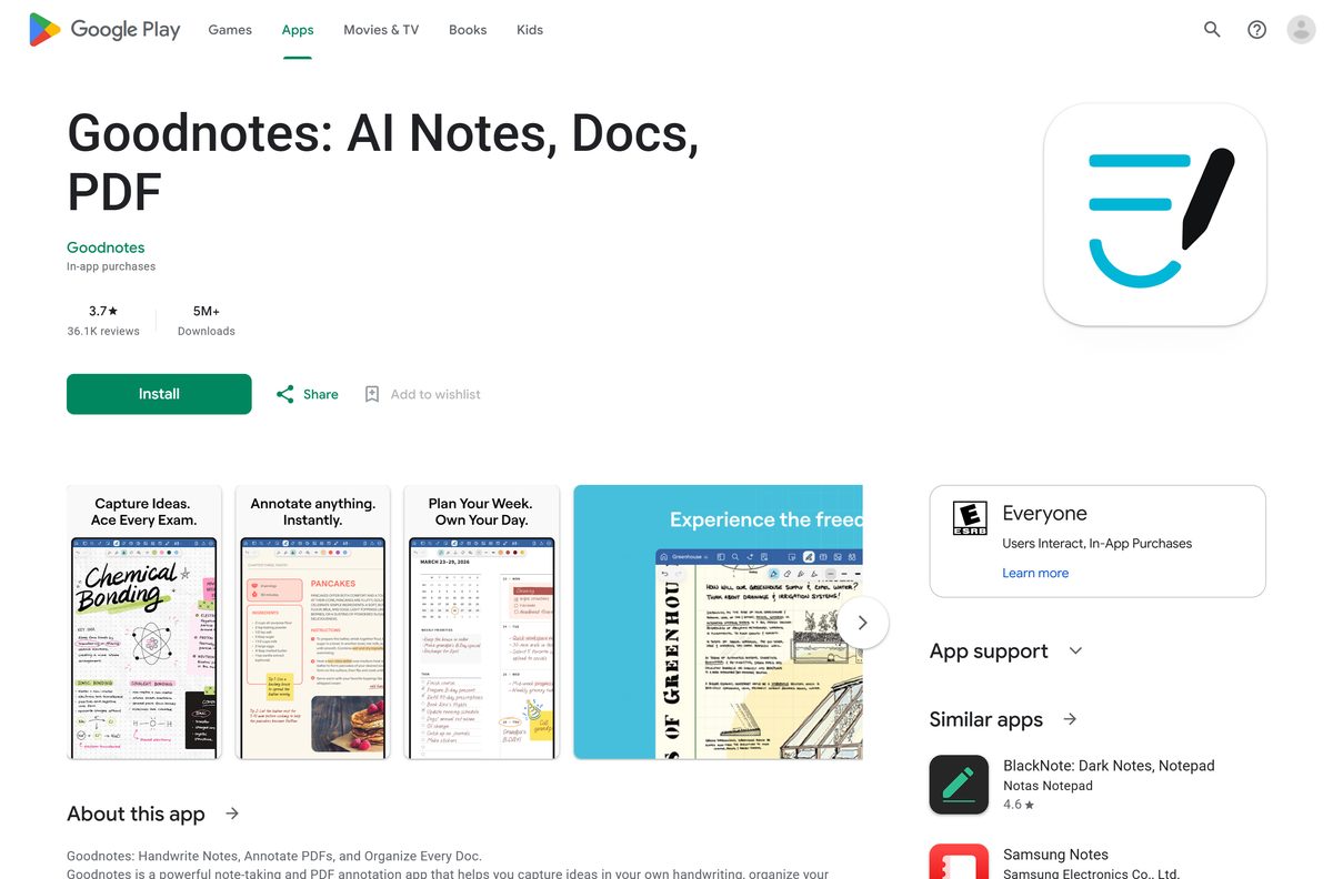 Google Play listing for Goodnotes on Android phones and Chromebooks