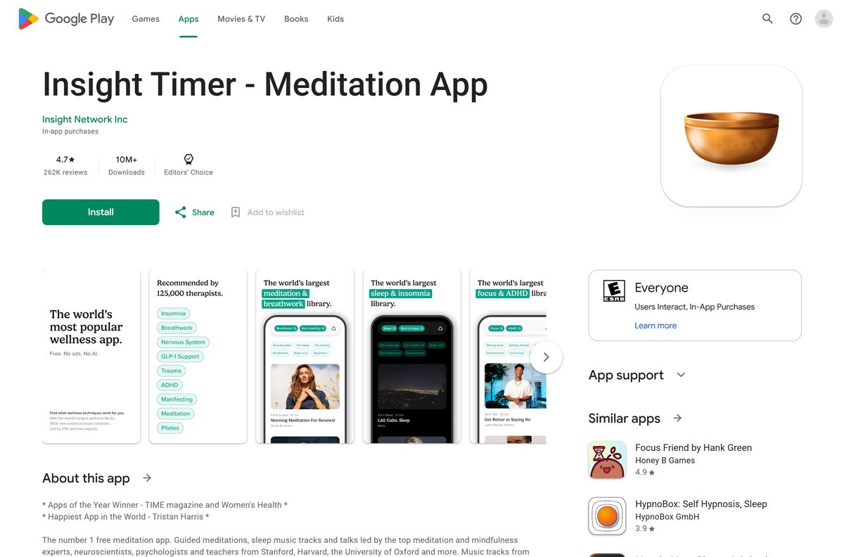 Google Play listing for Insight Timer with reviews and download count