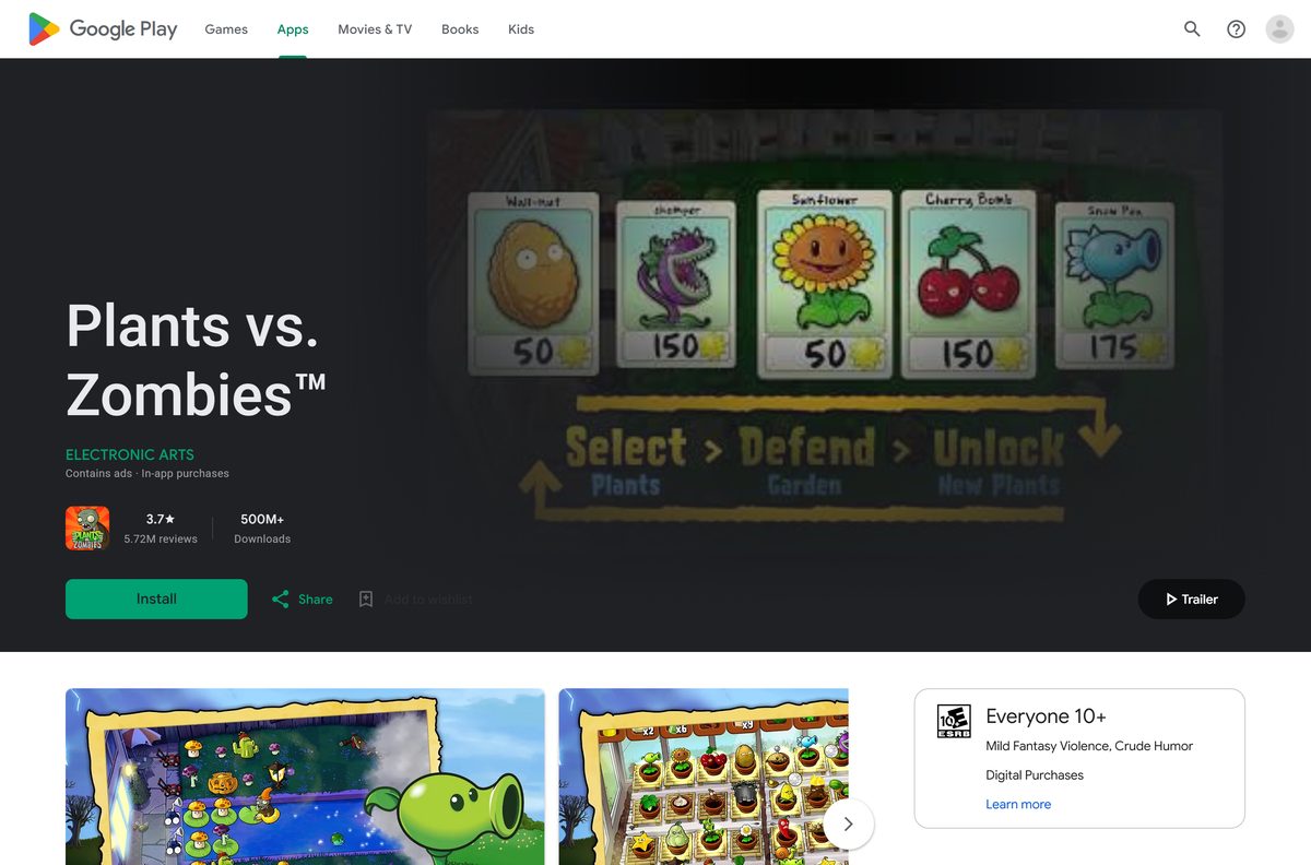 Google Play listing for Plants vs. Zombies showing the Install button