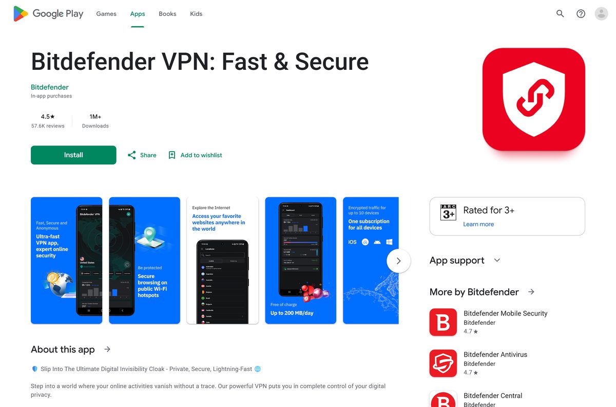 Google Play listing for Bitdefender VPN with reviews and downloads