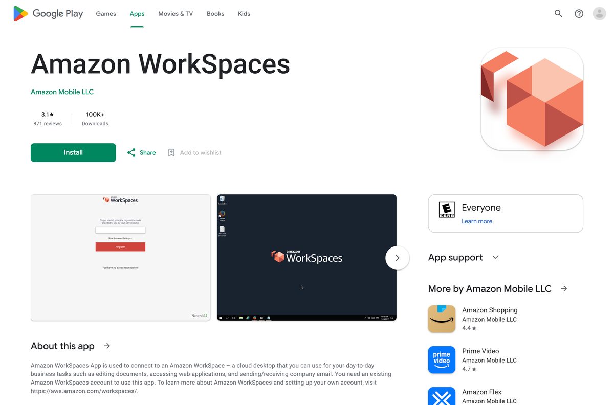 Google Play listing for Amazon WorkSpaces with rating and downloads