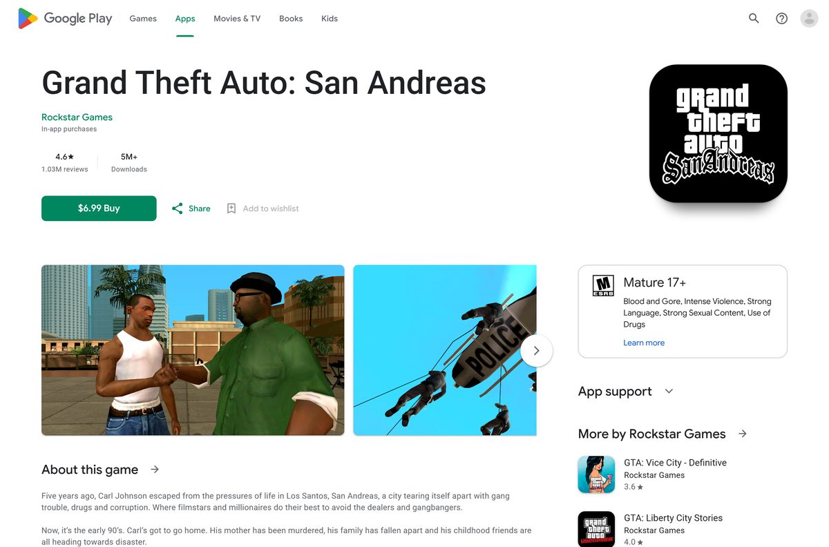 Google Play listing for Grand Theft Auto: San Andreas with its price