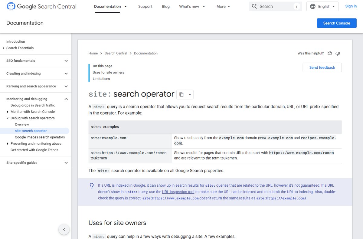 Google Search Central documentation page listing site: operator query examples