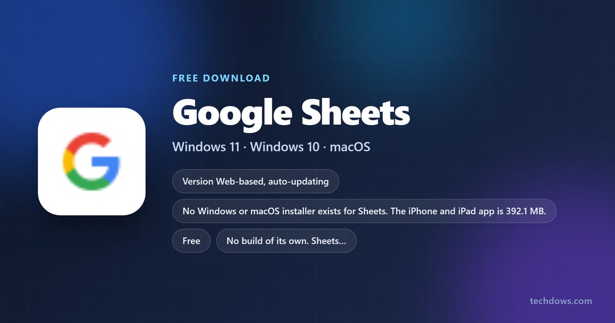 Google Sheets logo with price, supported systems and app size