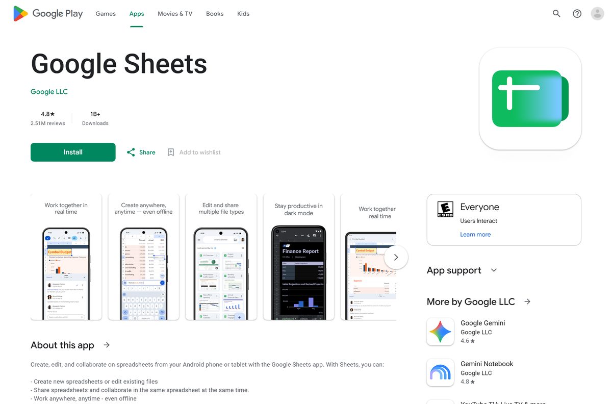 Google Play listing for Sheets with its publisher and download count