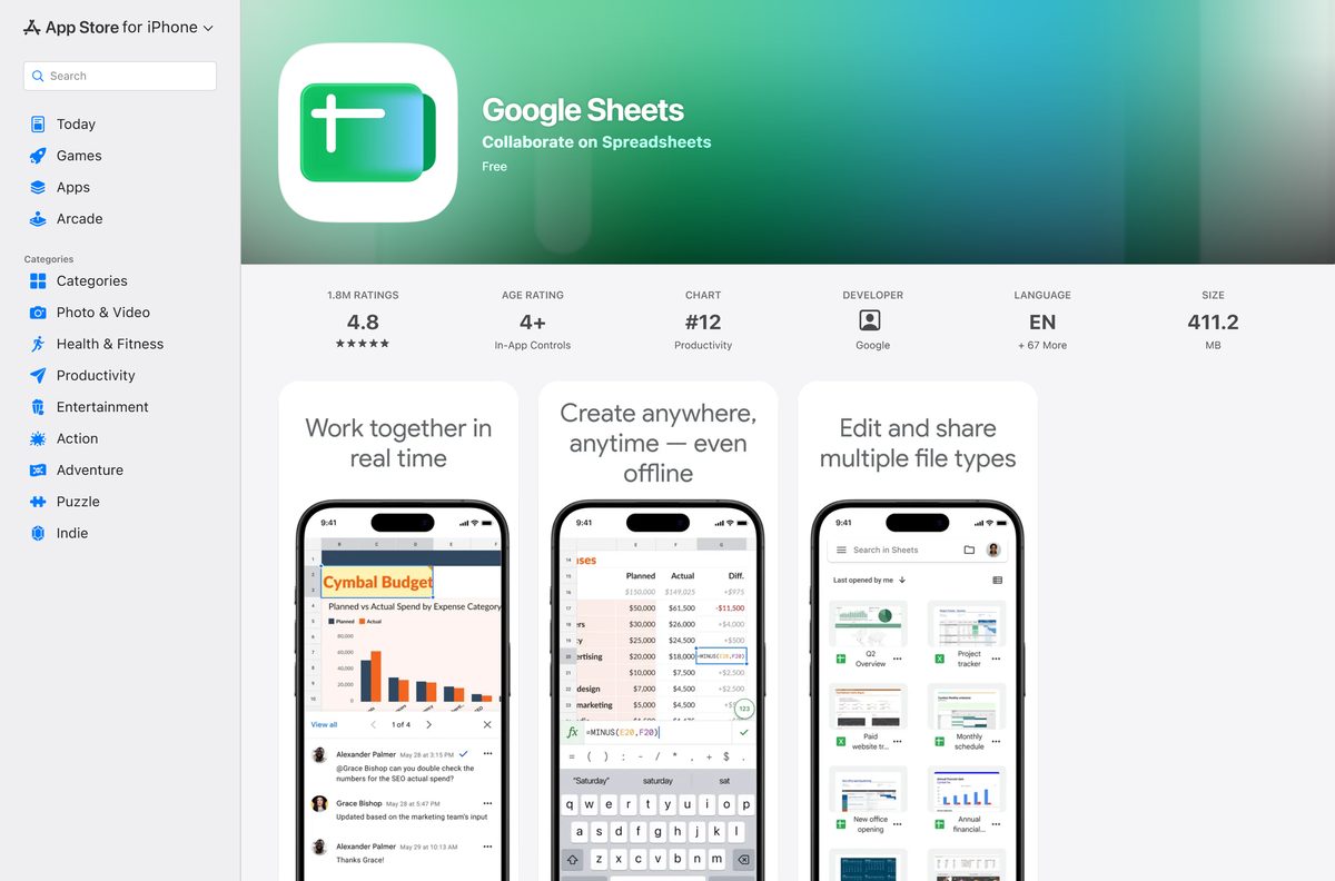 App Store page for Google Sheets on iPhone and iPad
