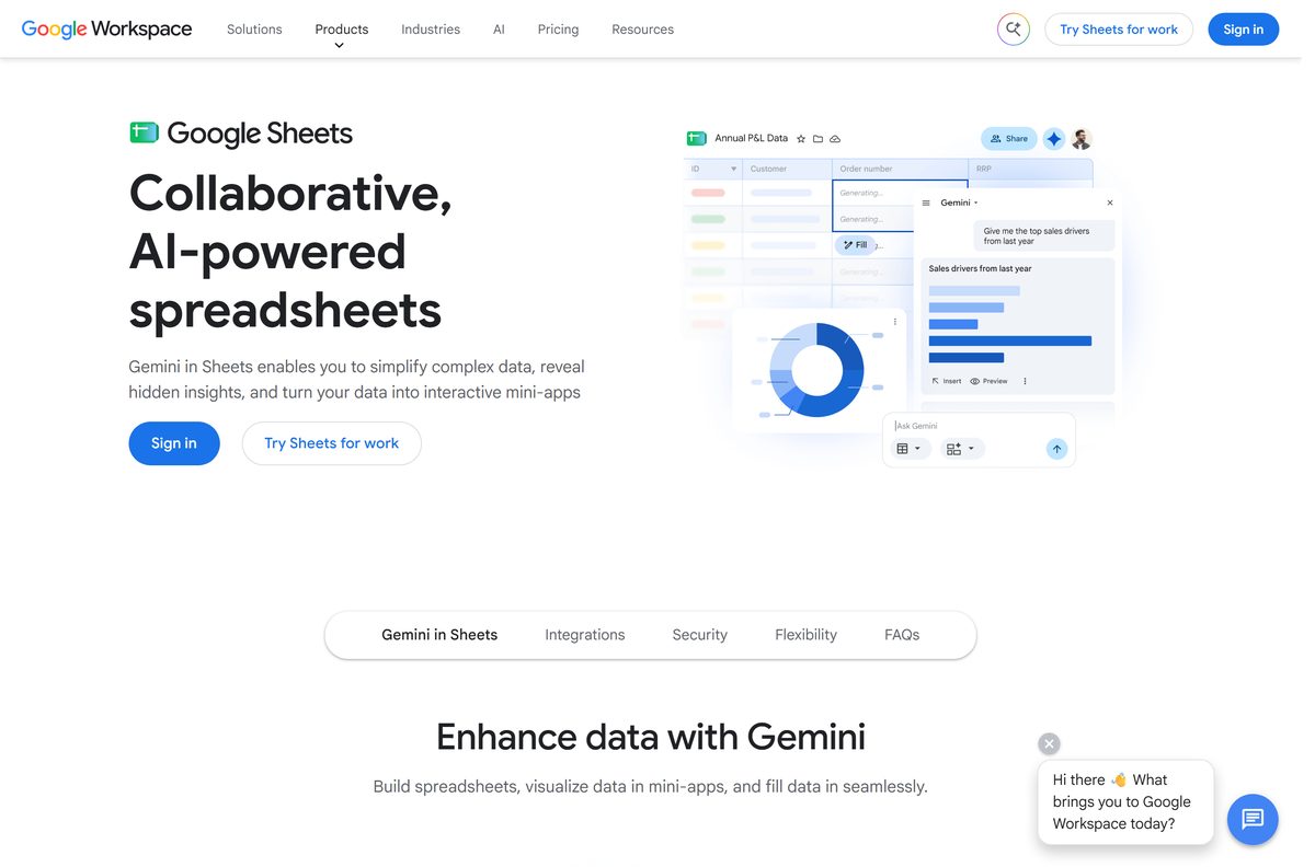 Google's Sheets product page with sign-in and work plan buttons