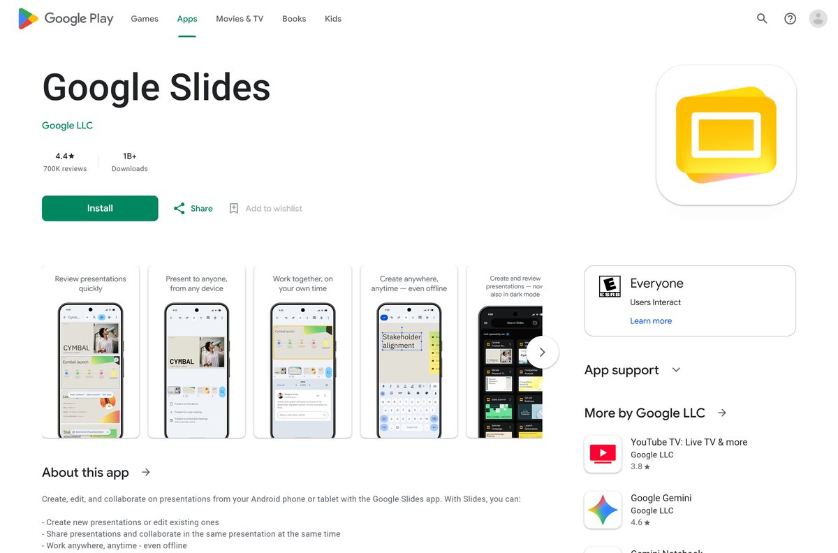 Google Play listing for Slides with its publisher and download count