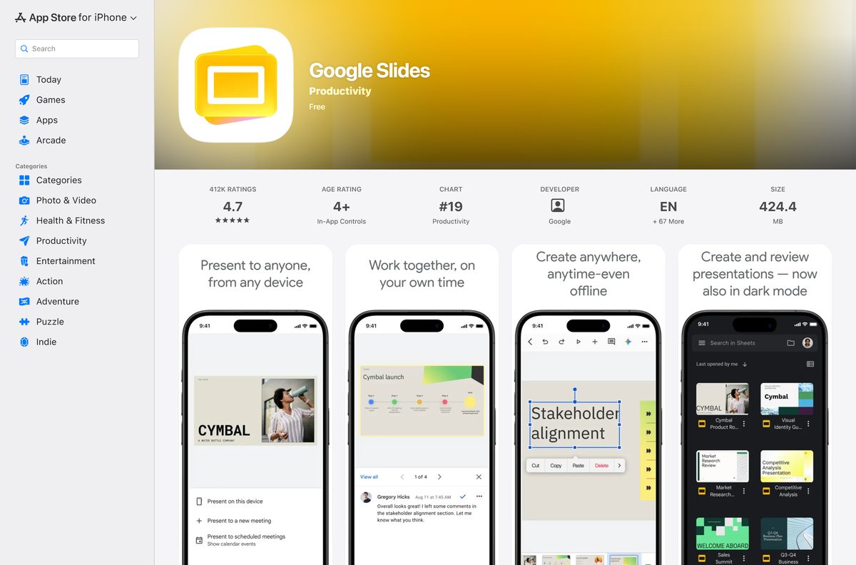 App Store page for Google Slides on iPhone and iPad