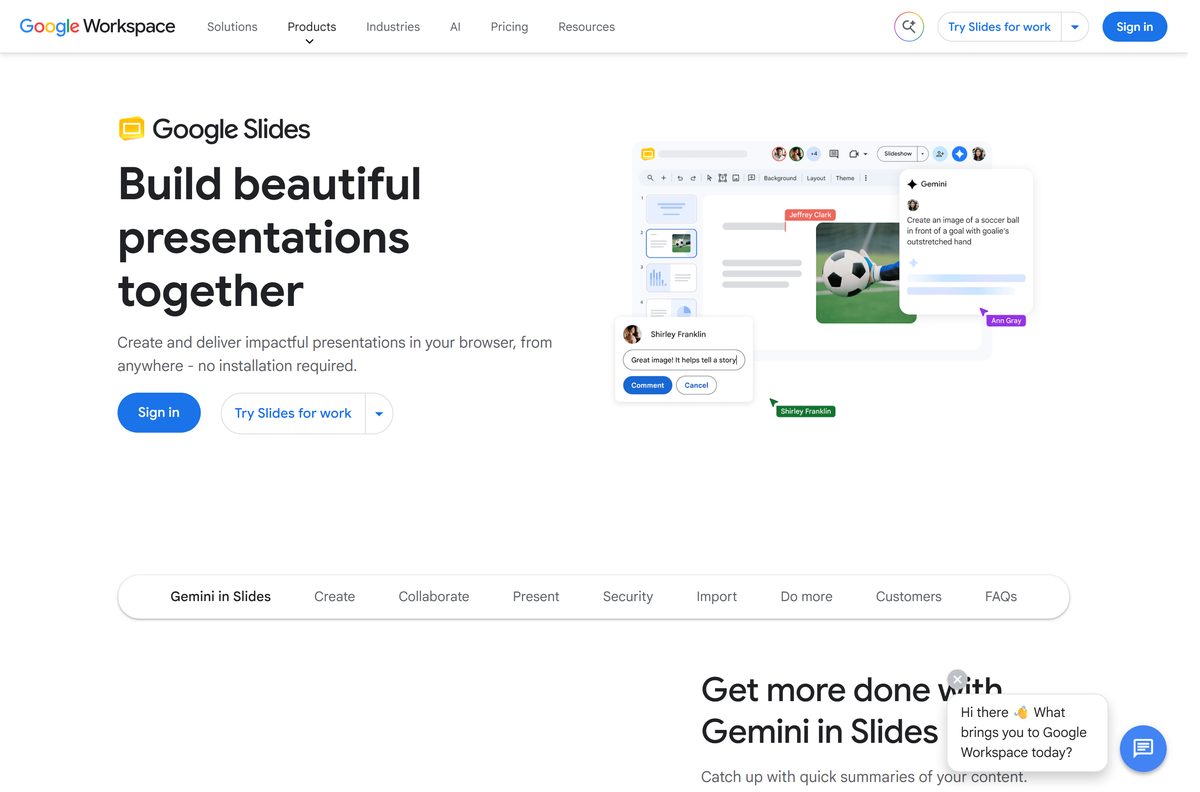 Google's presentation product page with sign-in and plan buttons