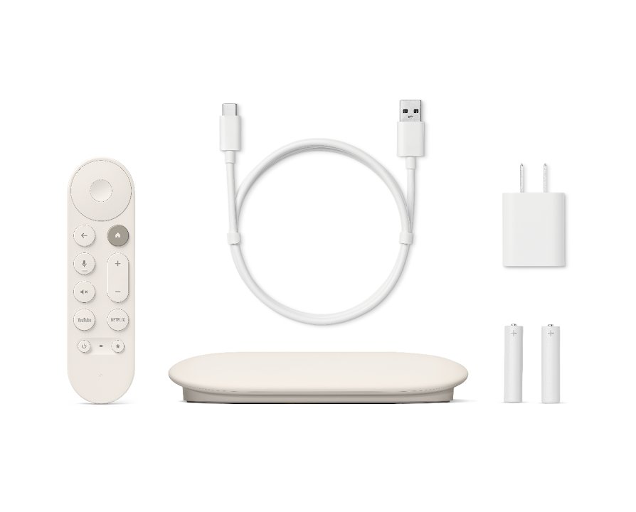 Google TV Streamer box contents: remote, cable, power adapter, batteries