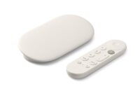 Google TV Streamer streaming device and Voice Remote on white background
