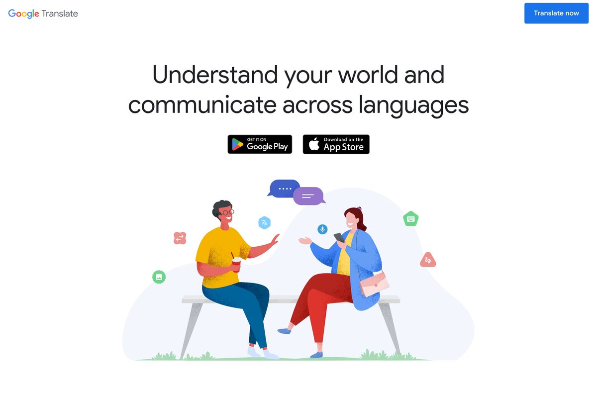 Google's Translate overview page with Google Play and App Store buttons