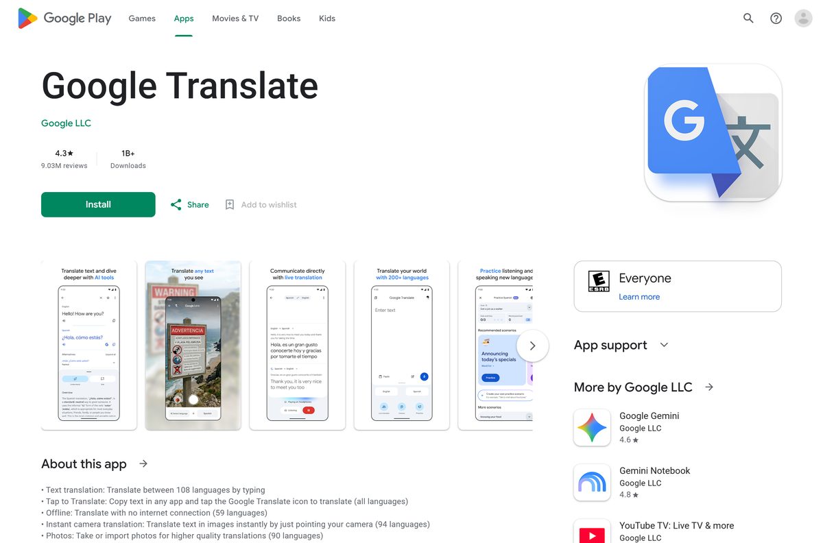 Google Play listing for Google Translate with its publisher and download count