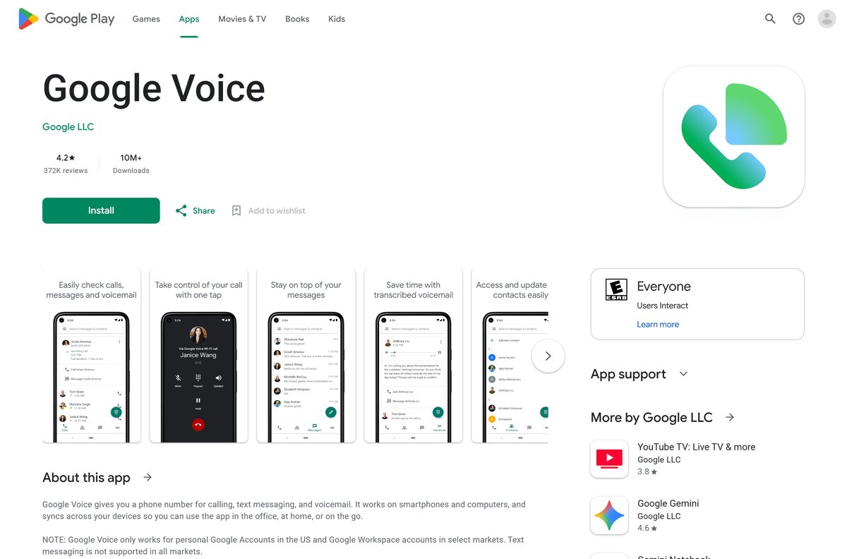 Google Play listing for Voice with its publisher and download count