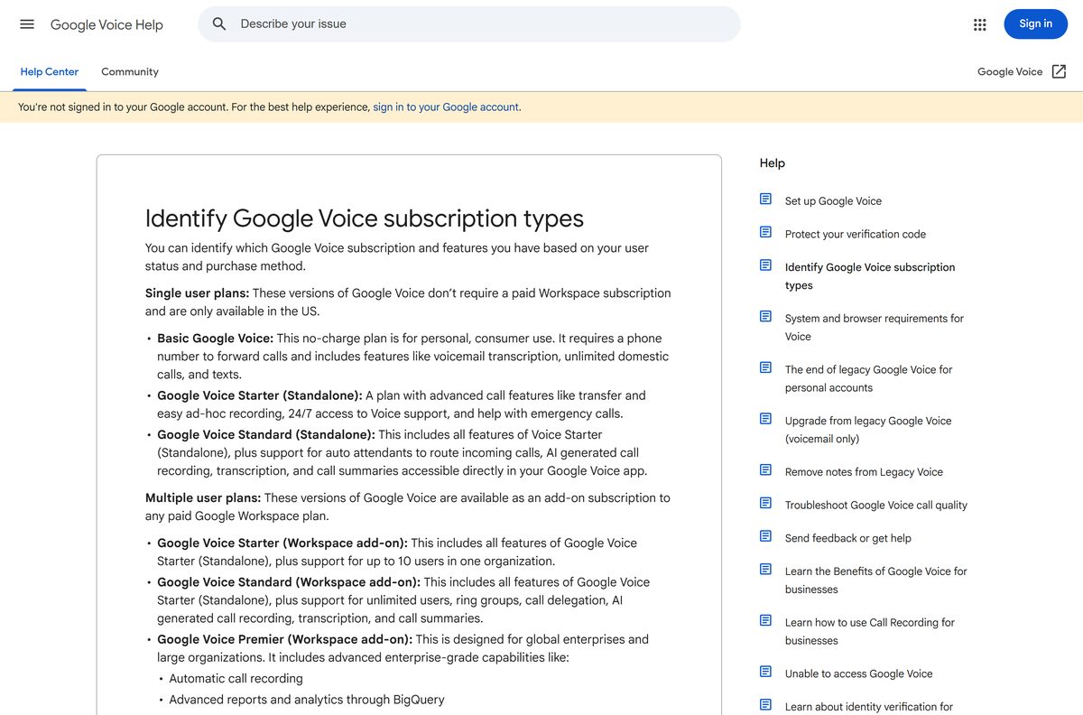 Google help table comparing free and paid Voice plans