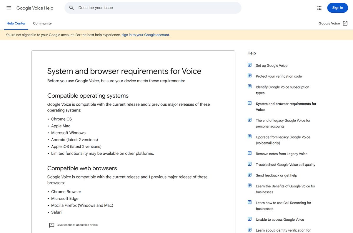 Google help page listing supported systems and browsers for Voice