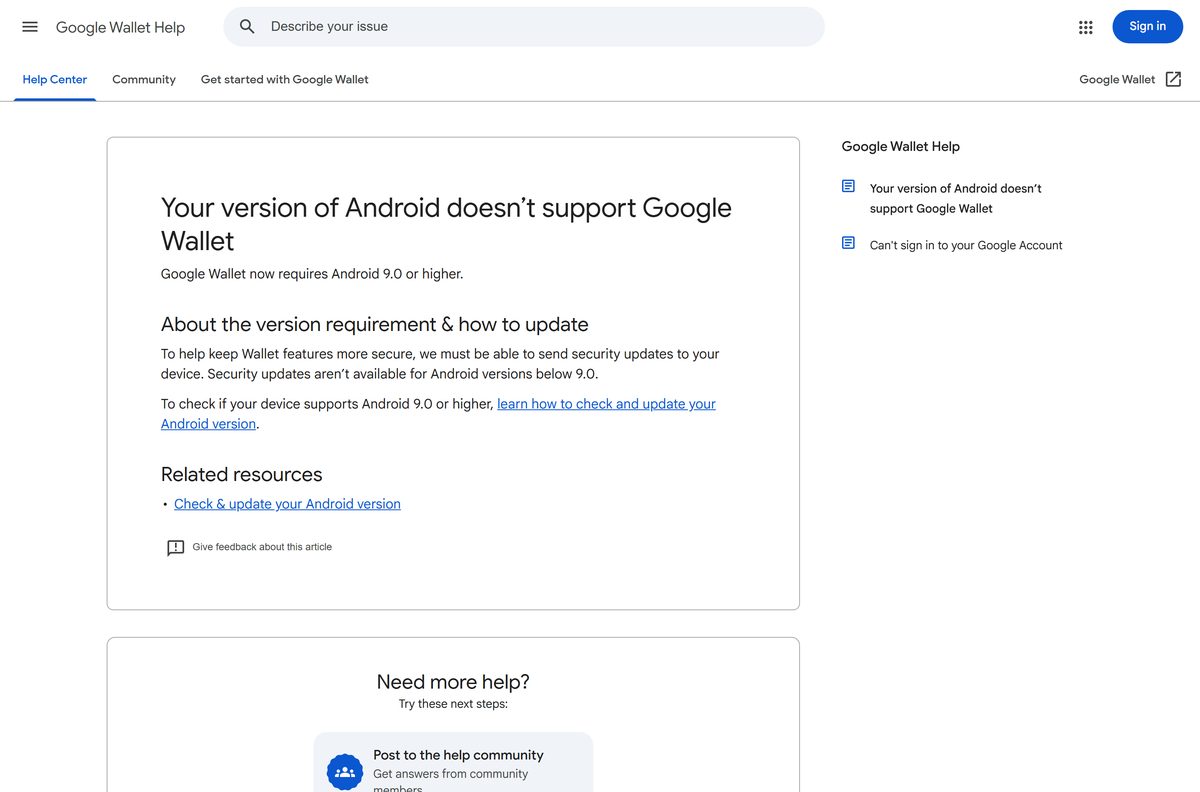 Help page explaining why Google Wallet needs Android 9