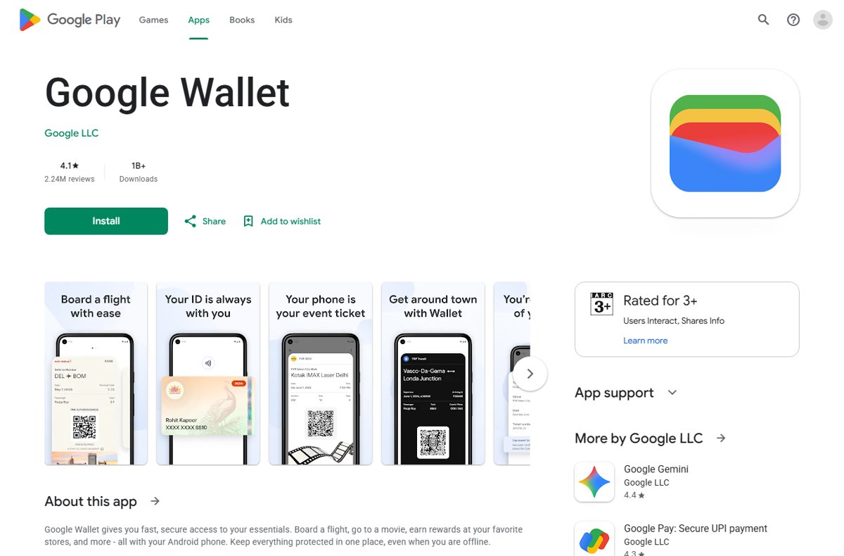 Google Wallet app listing on the Google Play Store