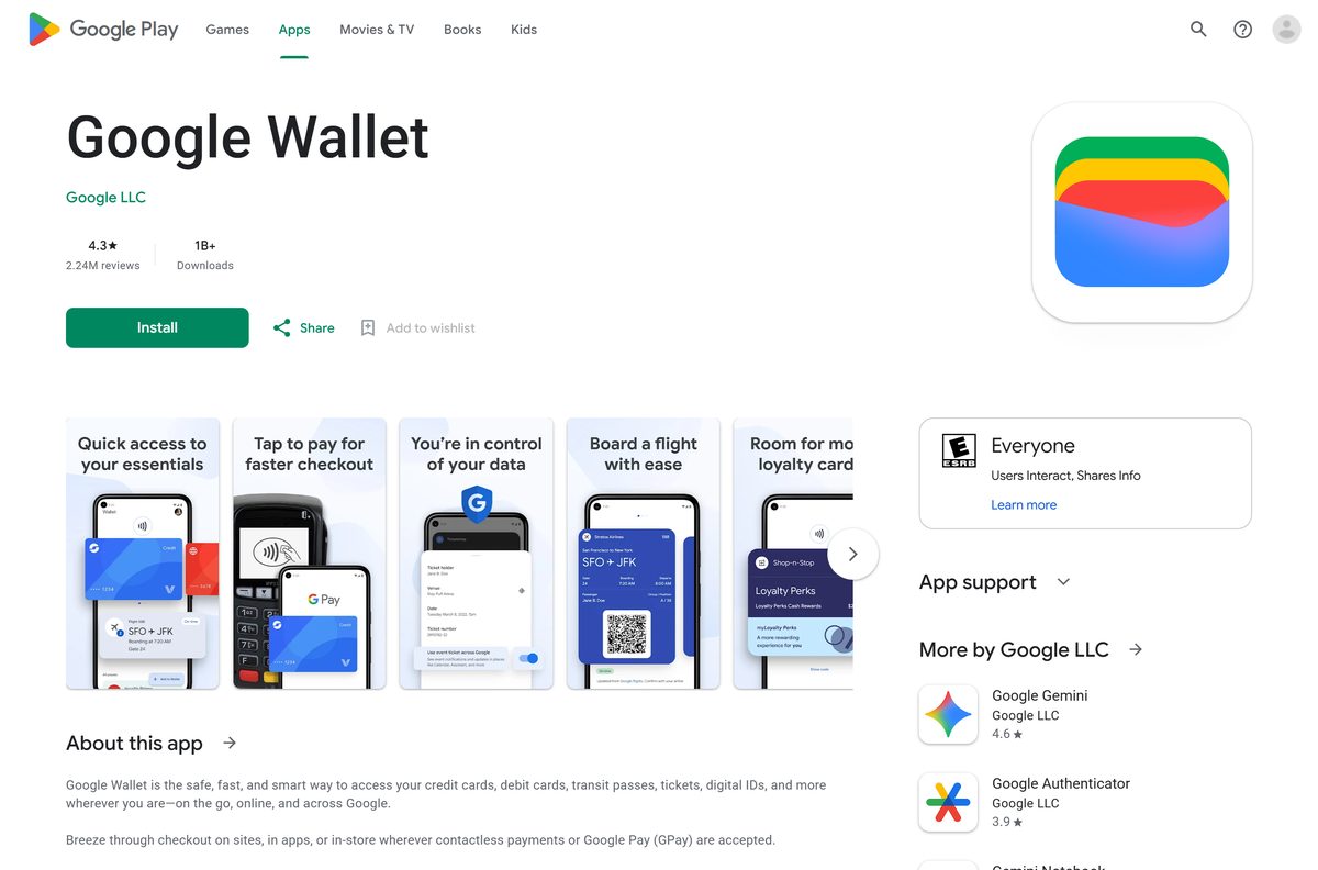 Google Play listing for Google Wallet with rating and downloads