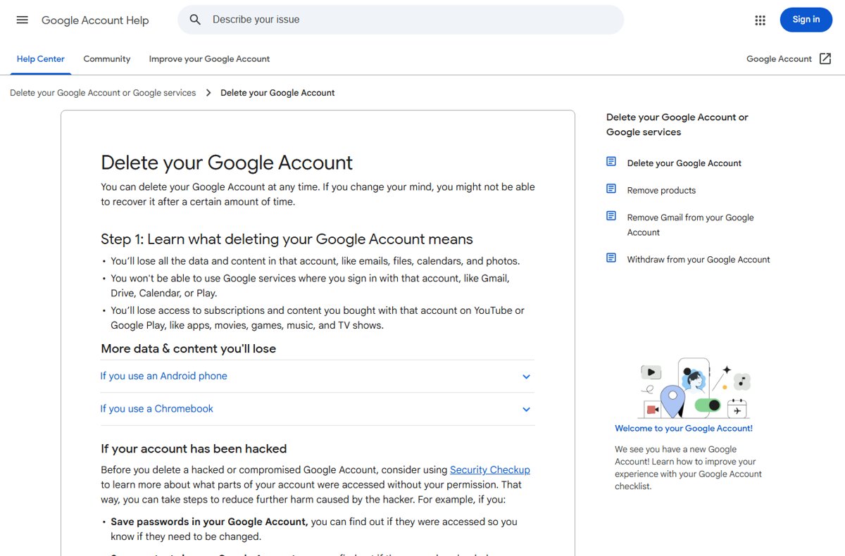 Google's Delete Your Google Account support page, Step 1 heading