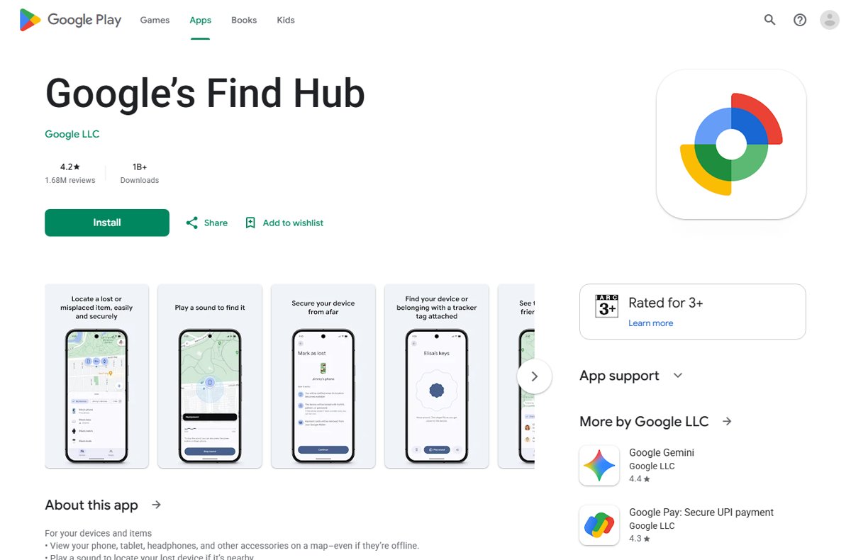 Google's Find Hub app listing page on Google Play with Install button